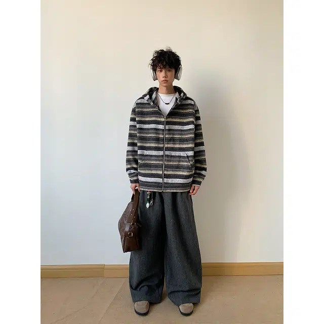 奇迹街区 费尔岛美式潮牌复古渐变撞色拼接条纹休闲情侣日系慵懒感毛呢帽衫时尚百搭开衫小众设计感高级拉链连帽卫衣 男女同款