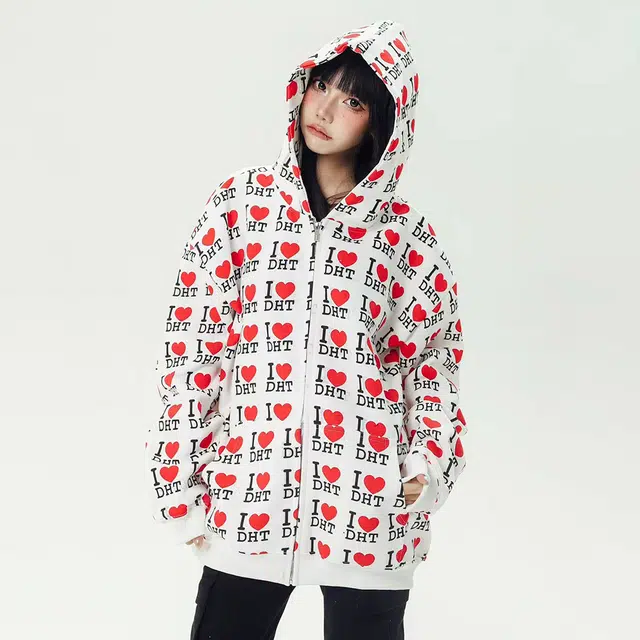奇迹街区 美式满印爱心文字高街潮牌复古撞色创意小众设计宽松舒适百搭日常情侣嘻哈街头国潮外套潮流开衫连帽卫衣 男女同款
