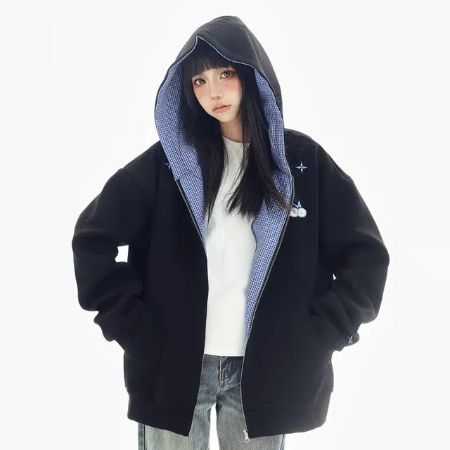 奇迹街区 美式潮牌重工字母设计感拼接条纹格子复古慵懒感百搭潮流舒适日常情侣宽松休闲开衫上衣外套拉链连帽卫衣 男女同款