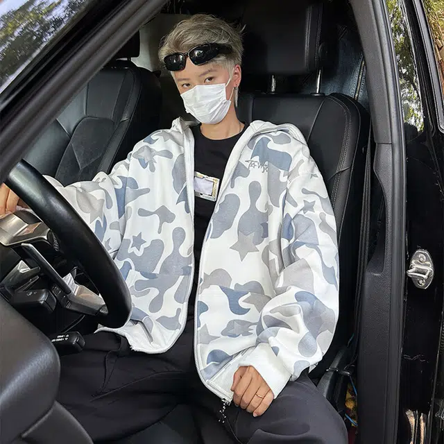 奇迹街区 美式复古时尚潮流鲨鱼头双帽毛巾绣开衫个性设计高级感宽松迷彩长袖百搭外套卫衣 男女同款 灰白色