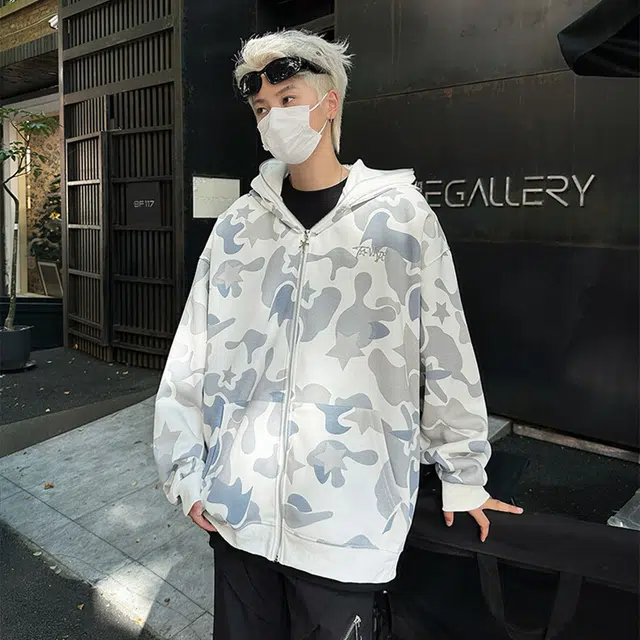 奇迹街区 美式复古时尚潮流鲨鱼头双帽毛巾绣开衫个性设计高级感宽松迷彩长袖百搭外套卫衣 男女同款 灰白色