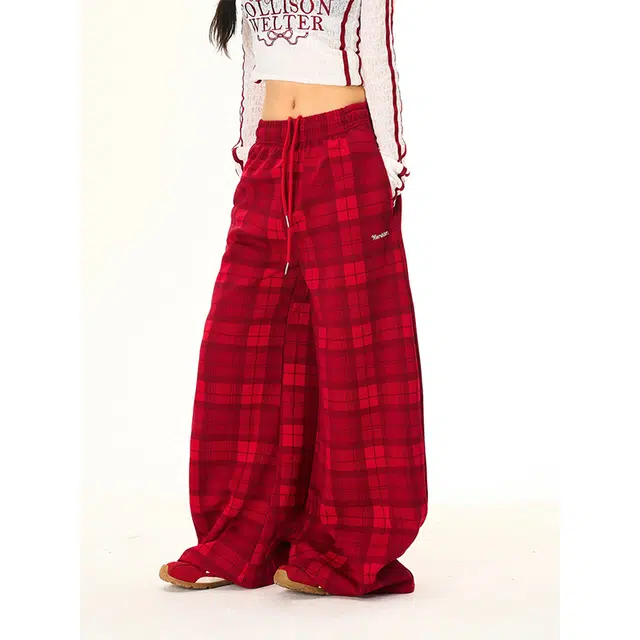 YICHEN Vintage Plaid Wide Leg Pants