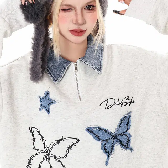 识恩 复古蝴蝶刺绣宽松百搭半拉链卫衣 女款