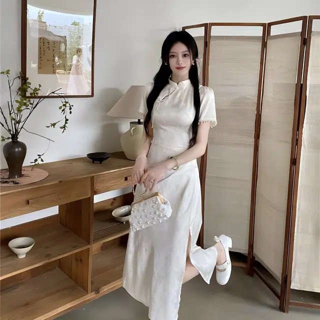 识恩 新中式纯色立领镂空提花盘扣设计服饰短袖连衣裙 女款