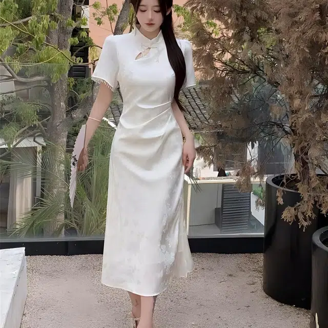 识恩 新中式纯色立领镂空提花盘扣设计服饰短袖连衣裙 女款