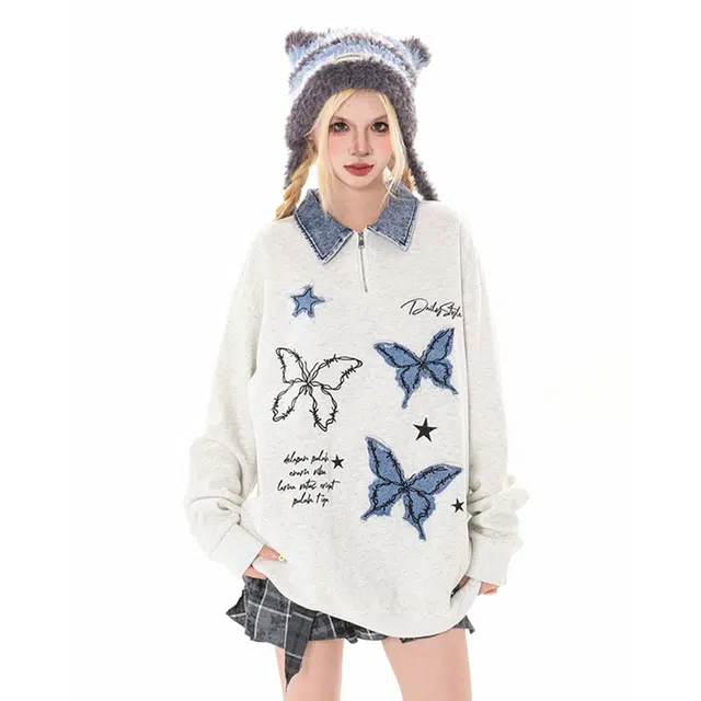 识恩 复古蝴蝶刺绣宽松百搭半拉链卫衣 女款