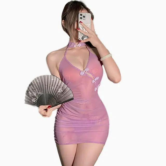 惠梦诗  古风蝶恋花透视紫色旗袍 纯欲性感绑带制服