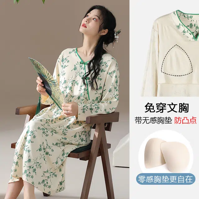 兰缪 时尚烟雨江南古风优雅休闲中长款裙袍套装长袖连衣裙 女款 草绿色