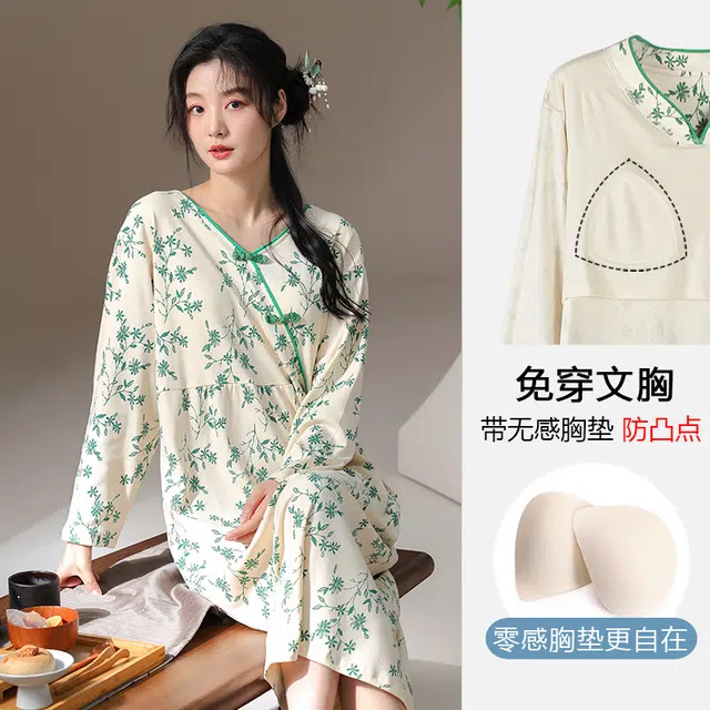兰缪 时尚烟雨江南古风优雅休闲中长款裙袍套装长袖连衣裙 女款 草绿色