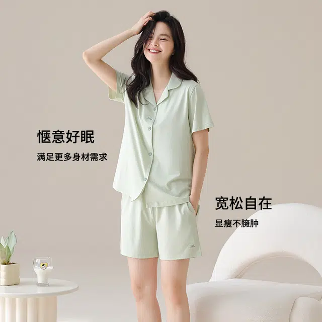 兰缪 开衫翻领短袖纯色舒适家居服睡衣套装 女款