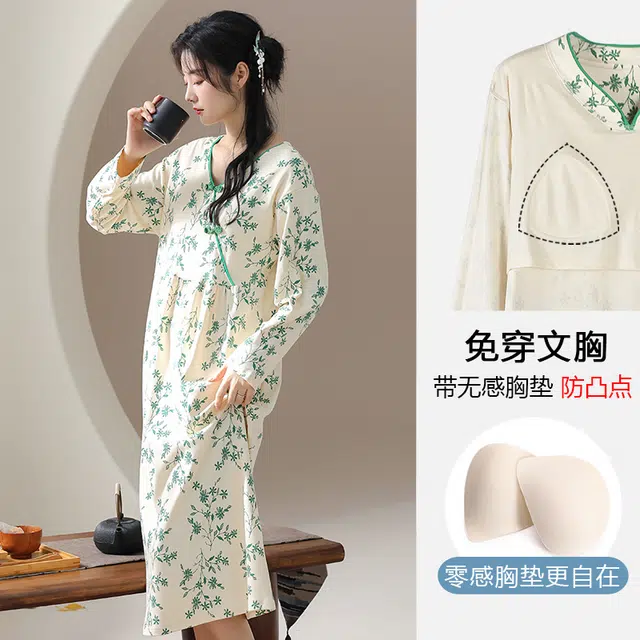 兰缪 时尚烟雨江南古风优雅休闲中长款裙袍套装长袖连衣裙 女款 草绿色