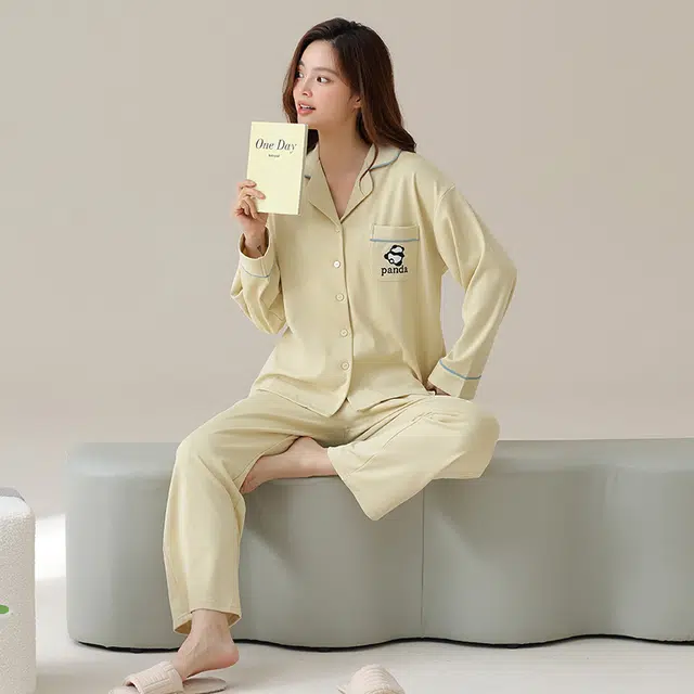 兰缪 纯棉开衫长袖长裤可爱小熊猫睡衣套装 女款