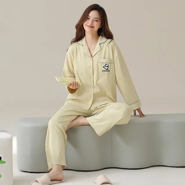 兰缪 纯棉开衫长袖长裤可爱小熊猫睡衣套装 女款