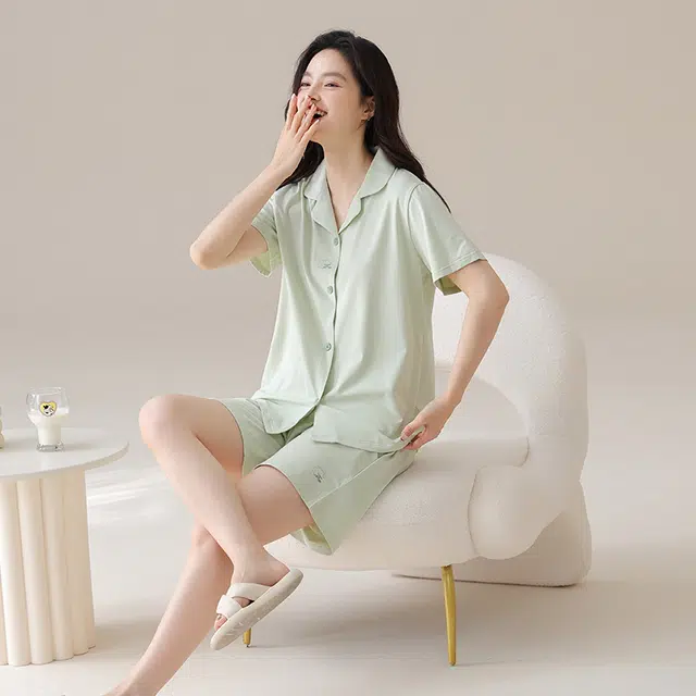 兰缪 开衫翻领短袖纯色舒适家居服睡衣套装 女款