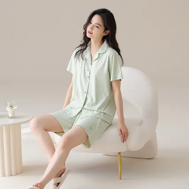 兰缪 开衫翻领短袖纯色舒适家居服睡衣套装 女款