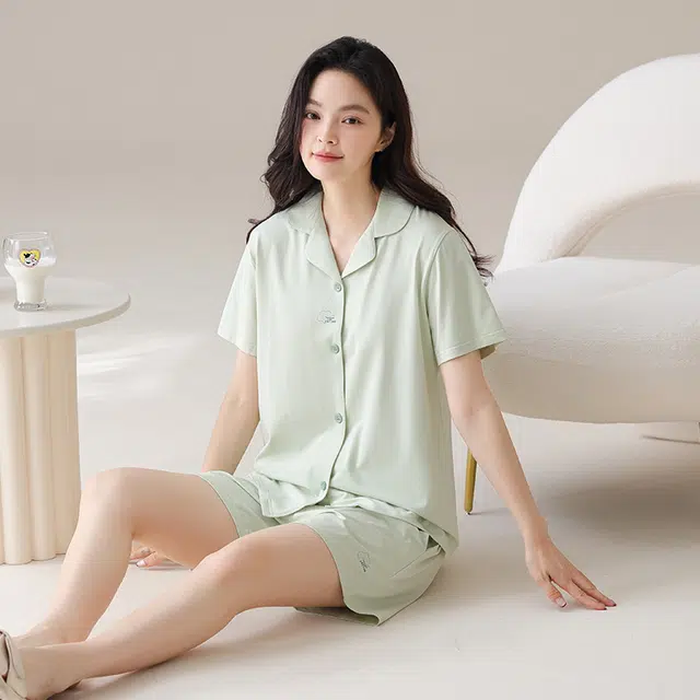 兰缪 开衫翻领短袖纯色舒适家居服睡衣套装 女款