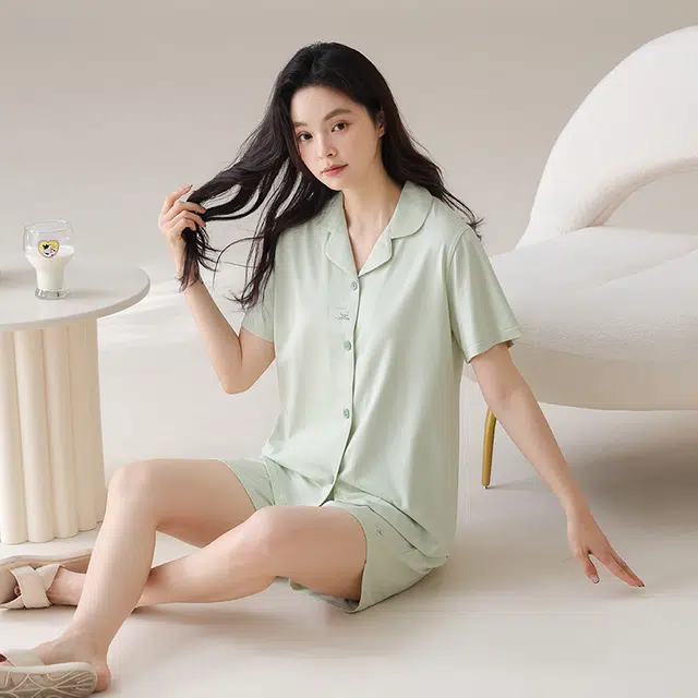 兰缪 开衫翻领短袖纯色舒适家居服睡衣套装 女款