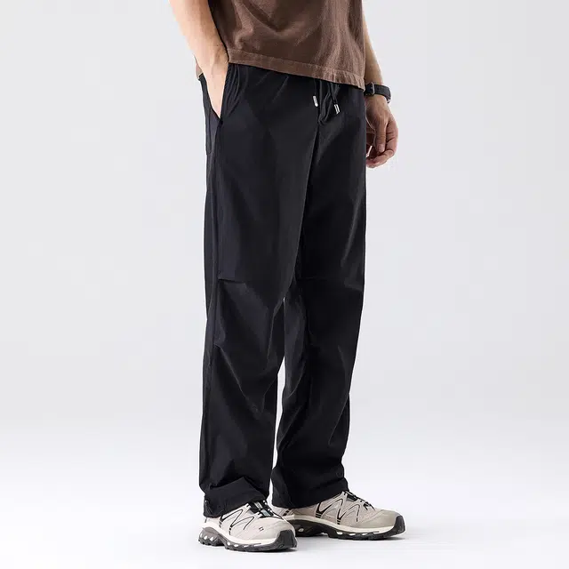 与狼共舞 高弹力速干细格纹理时尚抽绳阔腿户外防晒轻工装透气休闲裤 男款