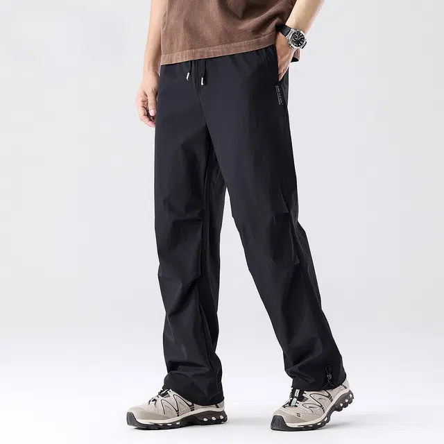 与狼共舞 高弹力速干细格纹理时尚抽绳阔腿户外防晒轻工装透气休闲裤 男款