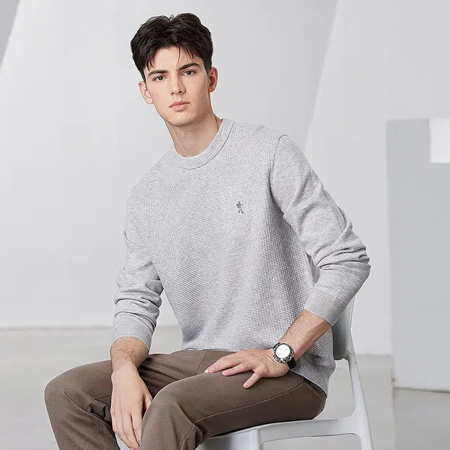 与狼共舞 肌理时尚纯色简约圆领套头舒暖亲肤针织加厚毛衣 男款