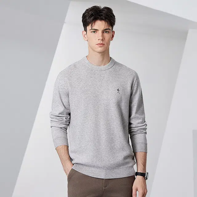 与狼共舞 肌理时尚纯色简约圆领套头舒暖亲肤针织加厚毛衣 男款