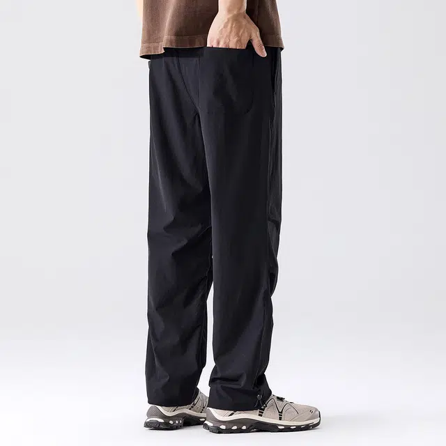 与狼共舞 高弹力速干细格纹理时尚抽绳阔腿户外防晒轻工装透气休闲裤 男款