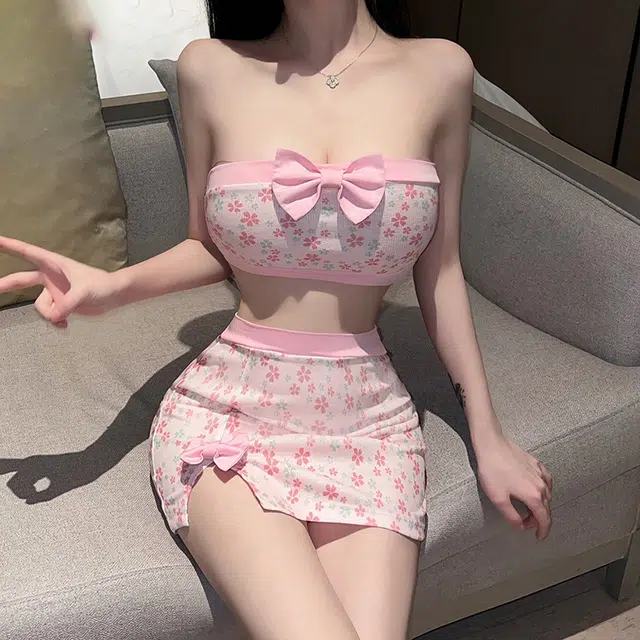 策影  情趣内衣性感抹胸蝴蝶结睡衣日系碎花激情包臀裙纯欲套装