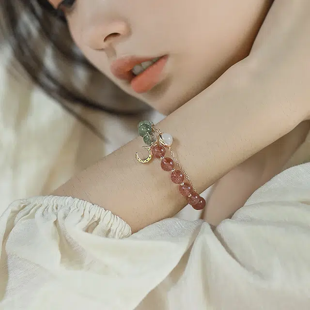 仙园韵 招财聚财旺事业新中式双层叠戴设计简约转运招财绿幽灵串珠#好运 草莓晶 手串 女款
