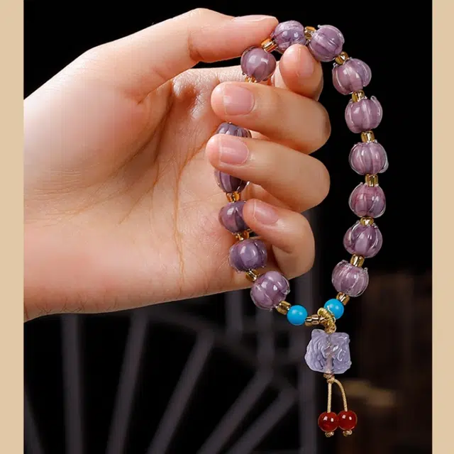 仙园韵 荷花好运连连 粉玉女生暮山紫莲花好运串珠转运珠 琉璃 手串 女款