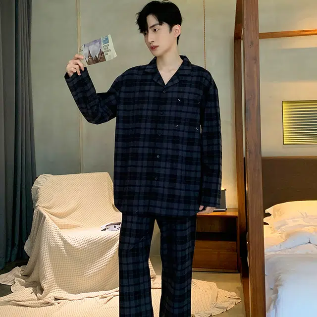 向薇 格子亲肤透气长袖长裤休闲家居服睡衣套装 男款 图片色