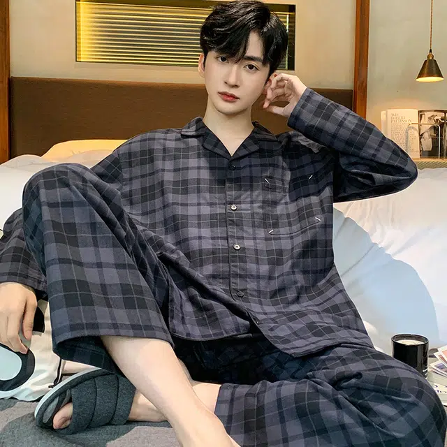 向薇 格子亲肤透气长袖长裤休闲家居服睡衣套装 男款 图片色