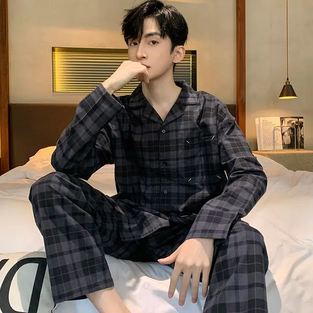 向薇 格子亲肤透气长袖长裤休闲家居服睡衣套装 男款 图片色