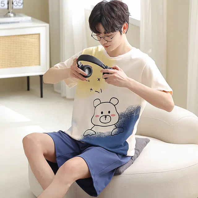 向薇 短袖短裤青少年学生卡通可爱薄款家居服睡衣套装 男款