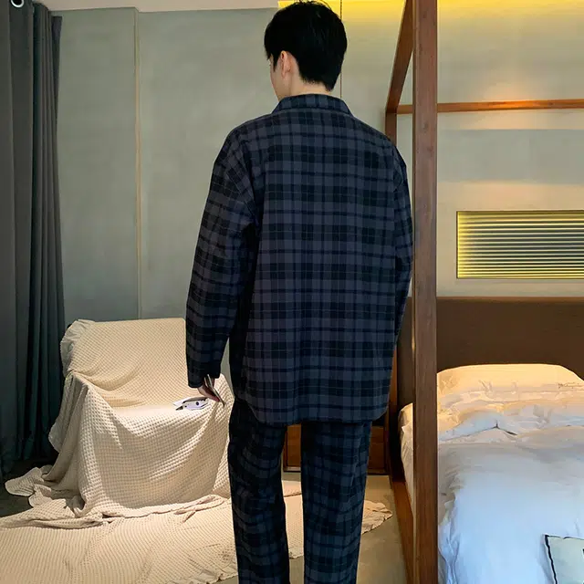 向薇 格子亲肤透气长袖长裤休闲家居服睡衣套装 男款 图片色