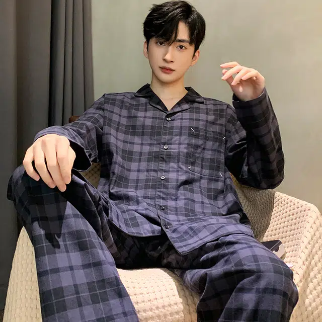 向薇 格子亲肤透气长袖长裤休闲家居服睡衣套装 男款 图片色