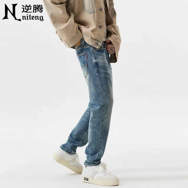 逆腾 秋季弹力裤子男复古修身男士重工猫须水洗刮烂直筒小脚牛仔裤 男款