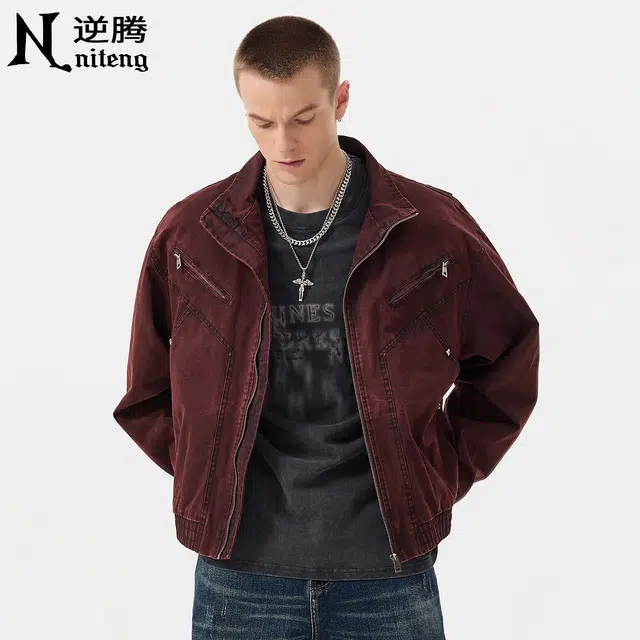 逆腾 秋季美式复古夹克男潮牌宽松水洗男士重磅短款工装牛仔外套 男款