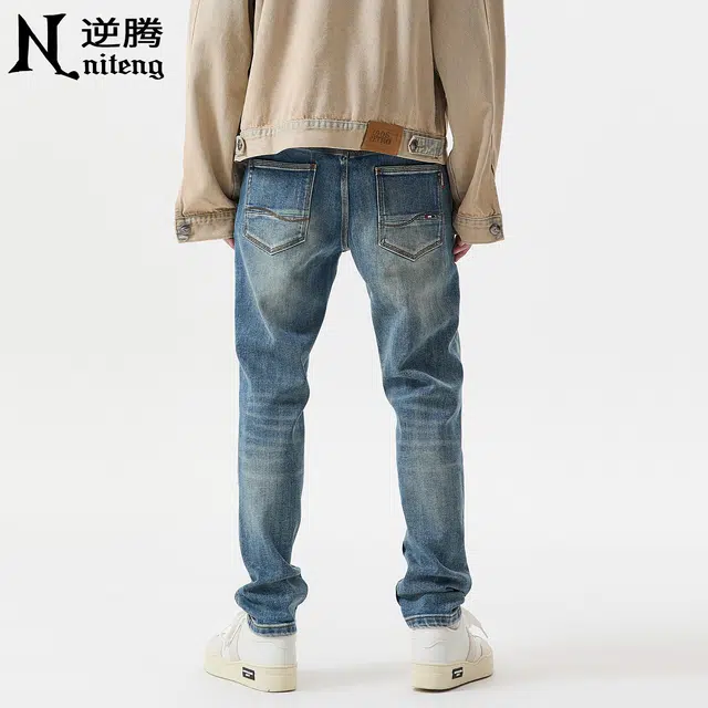 逆腾 秋季弹力裤子男复古修身男士重工猫须水洗刮烂直筒小脚牛仔裤 男款