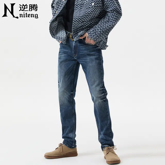 逆腾 秋季复古长裤男美式莱卡修身裤子男士直筒商务通勤小脚牛仔裤 男款