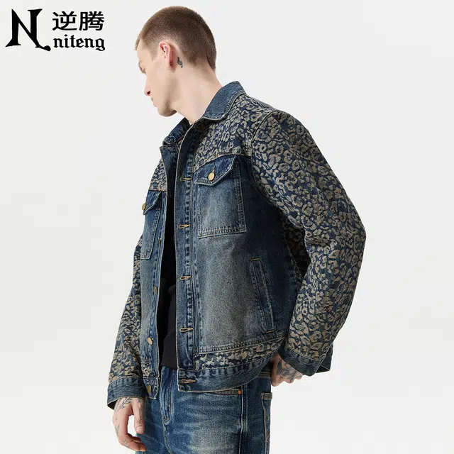 逆腾 秋季提花拼接夹克男美式复古痞帅男士宽松翻领个性牛仔外套 男女同款