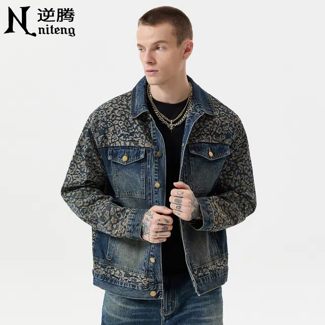 逆腾 秋季提花拼接夹克男美式复古痞帅男士宽松翻领个性牛仔外套 男女同款