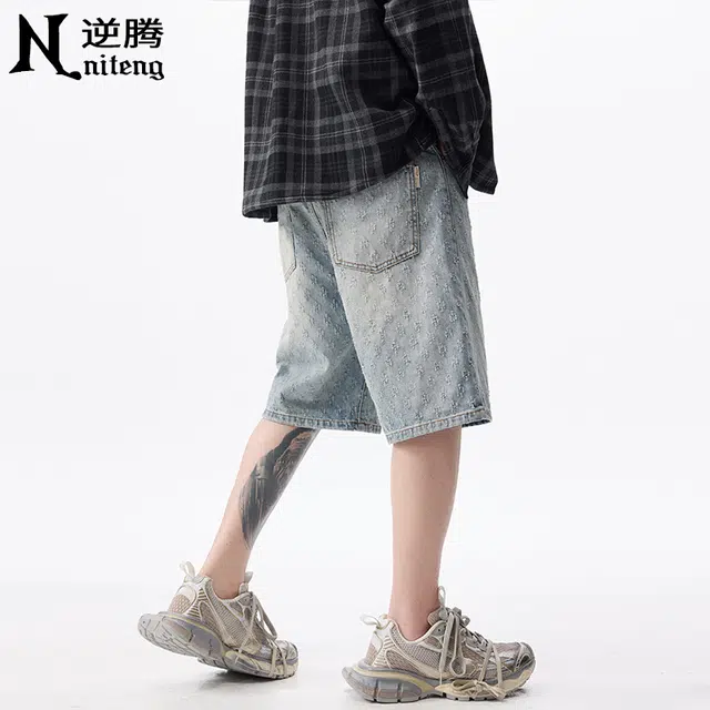 逆腾 潮牌复古时尚百搭宽松休闲牛仔短裤 男款