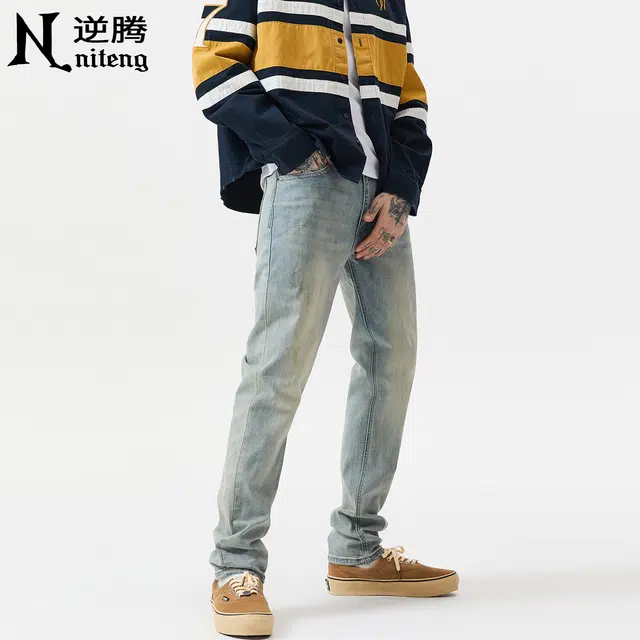 逆腾 秋季美式高街长裤男黄泥色复古修身裤子男士耐磨直筒小脚牛仔裤 男款