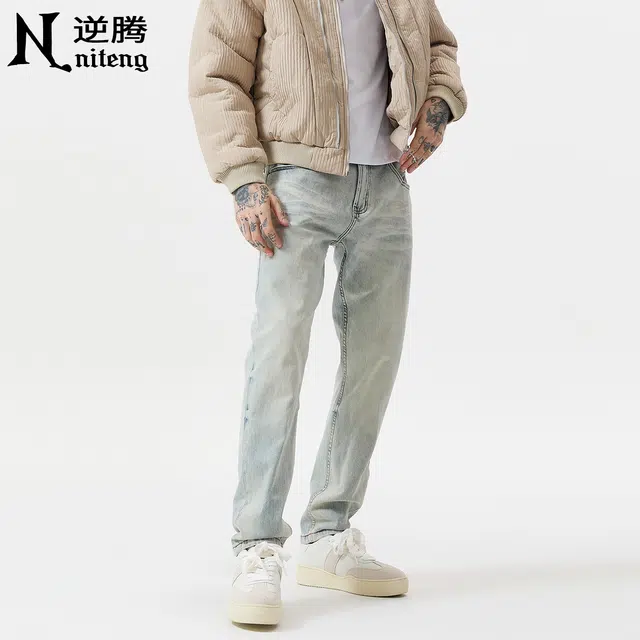 逆腾 秋季弹力浅色长裤男直筒复古重工水洗男裤耐磨修身小脚牛仔裤 男女同款