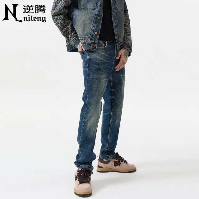 逆腾 秋季弹力长裤男潮牌耐磨修身直筒男裤美式刮烂小脚牛仔裤 男款