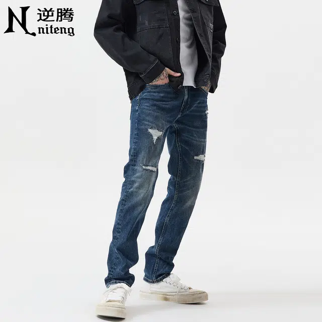逆腾 秋季长裤子男潮牌美式破洞补丁男士高街修身直筒小脚牛仔裤 男款