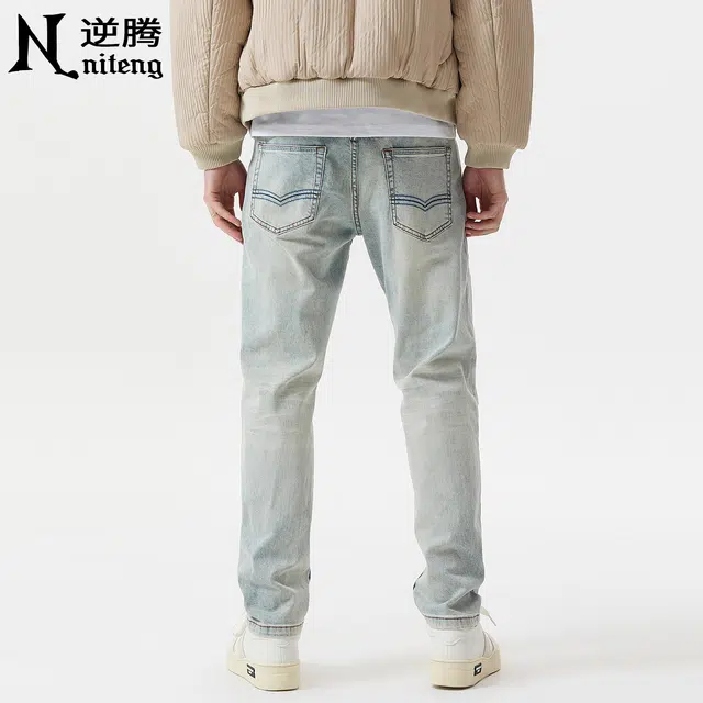 逆腾 秋季弹力浅色长裤男直筒复古重工水洗男裤耐磨修身小脚牛仔裤 男女同款