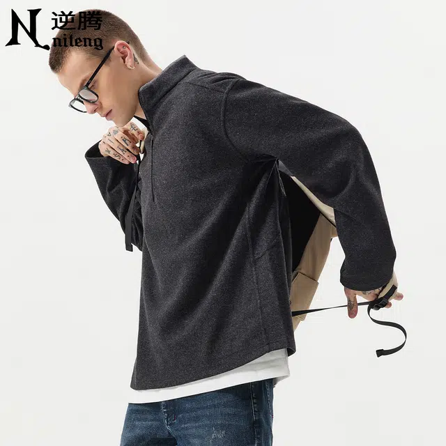 逆腾 秋季立领绒面长袖上衣男潮牌宽松半拉链款男士慵懒休闲卫衣 男款