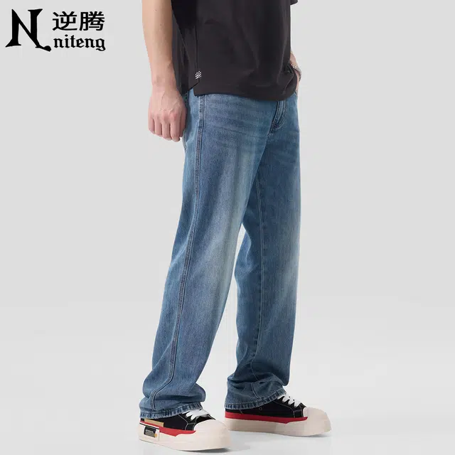 逆腾 潮牌垂感直筒牛仔裤 男款 蓝色