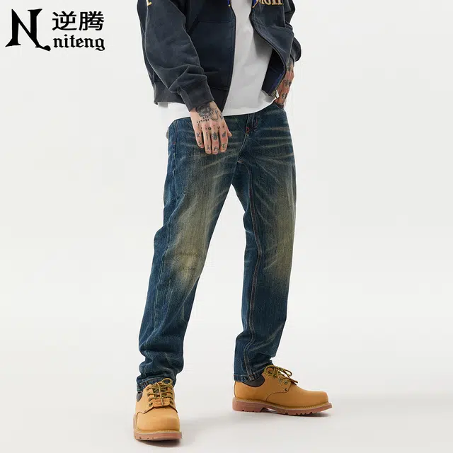 逆腾 秋季染长裤男美式修身直筒男裤复古重工水洗小脚牛仔裤 男款